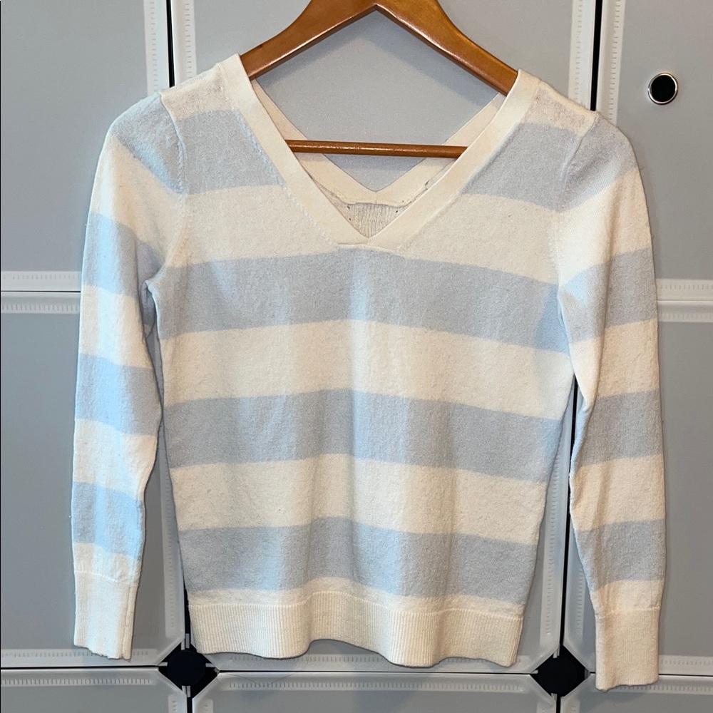 LOFT Light Blue and White V-Neck Sweater